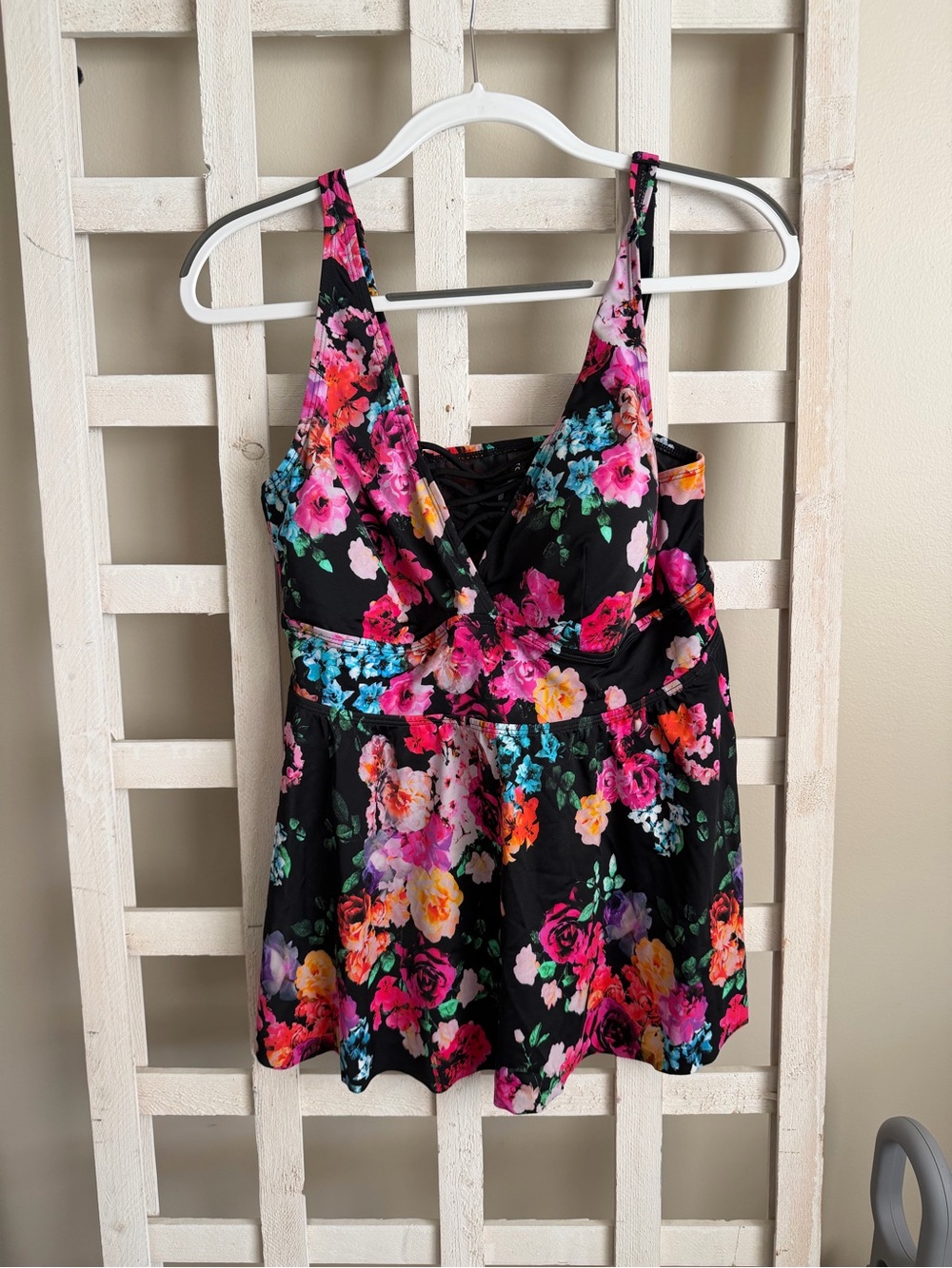 torrid Black Floral V-Neck swim top with Bright Multi-Color Print